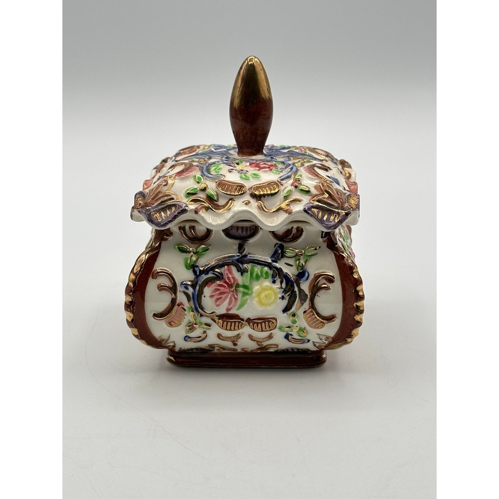 Vintage Porcelain Trinket Box Made in Japan Floral Gold Trim Footed Lidded Jar